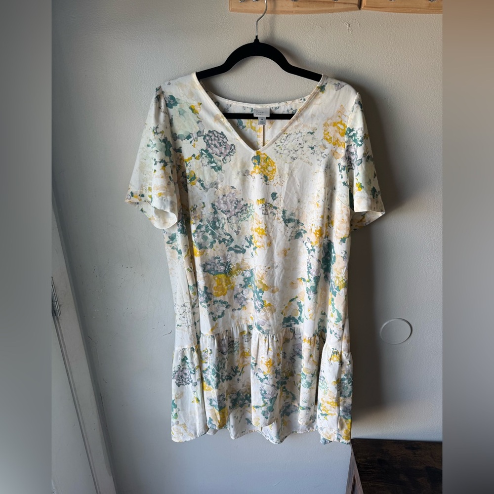 A New Day Floral V-Neck Dress Medium Blue Yellow Ruffle Hem